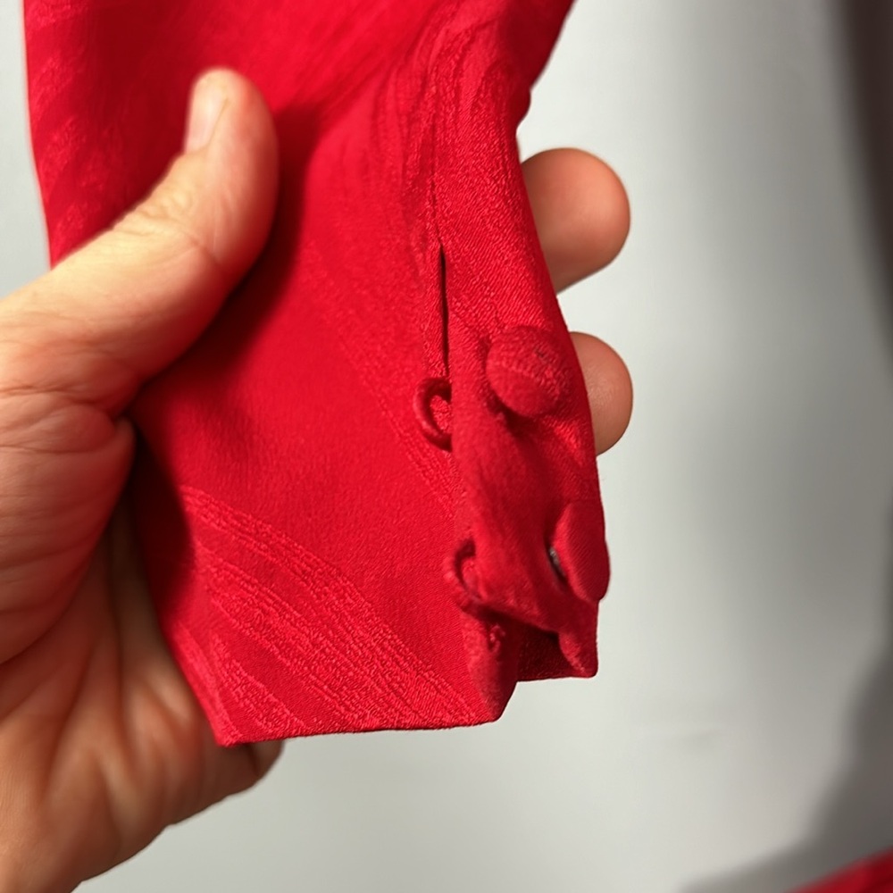 Vintage Women’s Silk Red Shift Dress Faux Feather Hem Necktie Slip on size S - Picture 11 of 17